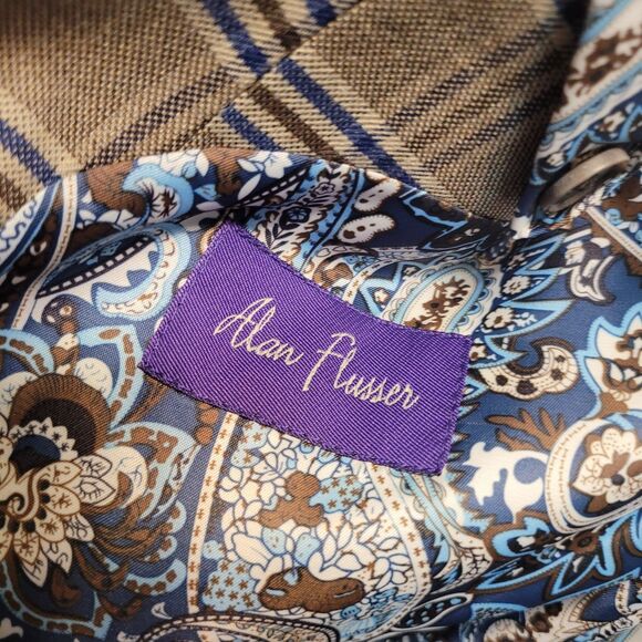 Alan Flusser Mens Paisley Lined 2-Button Blazer Jacket Beige Brown Checked EUC - Picture 7 of 13